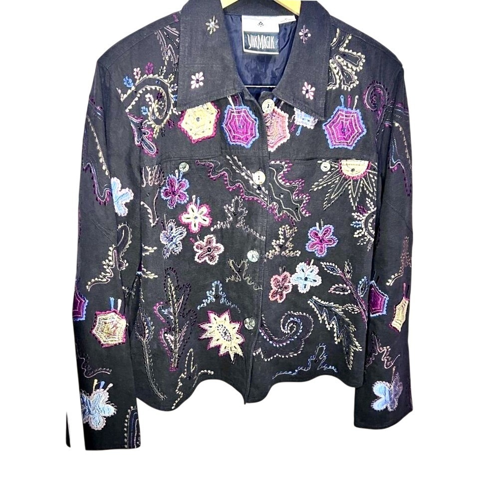 Vintage 90s Yak Magik Black‎ Silk Embroidered Retro Cotton Denim Jacket
